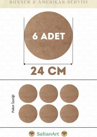 24 cm Çap 6 Adet Supla Amerikan Servis Runner MDF Duralit Magnet Altı Ahşap 3 mm (2,7 mm) Kalınlık