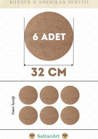 32 cm Çap 6 Adet Supla Amerikan Servis Runner MDF Duralit Magnet Altı Ahşap 3 mm (2,7 mm) Kalınlık