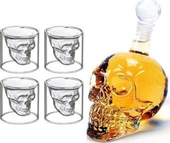 Mobgift 550 Ml Kuru Kafa Tasarım Cam Şişe Sürahi 4'Lü Çift Camlı Shot Bardağı Seti