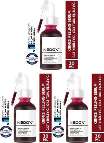 NEDOX 3 Adet Cilt Yenileyici Cilt Tonu Eşitleyici Kırmızı Peeling Serum Aha %30 Bha %2 Ph % 3.5 Serum 30 ml