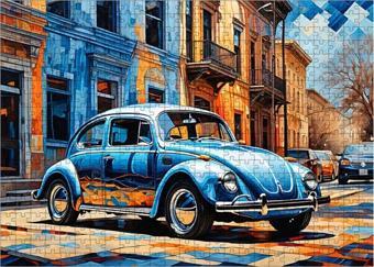 Ekart Ahşap Mdf Puzzle Yapboz Mavi Retro Kaplumbağa Araba 500 Parça 50 x 70 cm