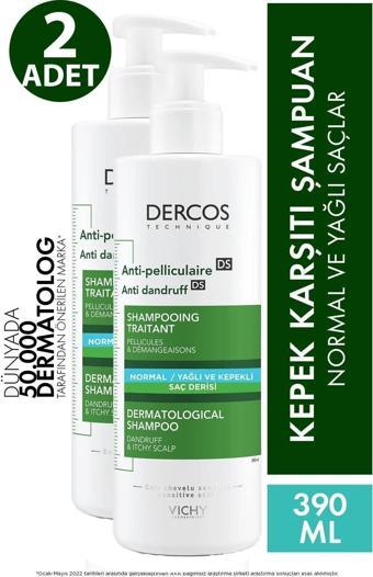 Vichy Dercos Anti-Pelliculaire Anti-Dandruff Kepek Karşıtı Şampuan 390 ml - Normal ve Yağlı Saçlar 2 Adet