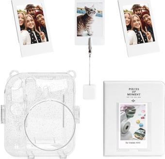 Instax mini 12 Simli Şeffaf Beyaz Kılıf Pvc 64'lü Albüm ve Fotoğraf Çerçeveleri Aksesuar Seti