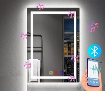 80x120(h) cm Bluetoothlu Buğu Çözücülü Dokunmatik Işıklı Kumlamalı Banyo Aynası