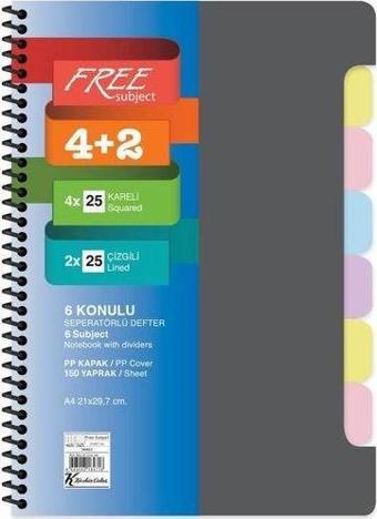 Keskin A4 4+2x25=150Yp. Ayraçlı Free Subject Defter Gri