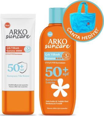 Arko Sun Spf50+ Vücut Güneş Losyonu 200 ml & Spf50+ Yüz Güneş Kremi 50 ml Çanta Hediyeli İkili Yaz Seti