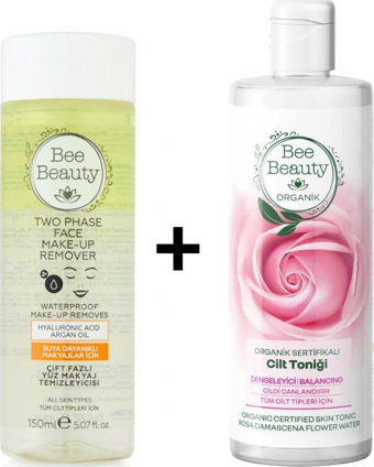 Bee Beauty Çift Fazlı Yüz Makyaj Temizleyicisi 150 ml Organik Sertifikalı Gül Cilt Toniği 200 ml