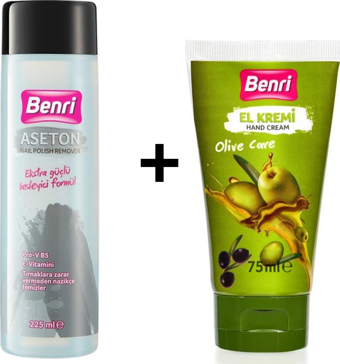 Benri Extra Güçlü Aseton 225 ml Olive Care El Kremi 75 ml Disk Pamuk Hediyeli