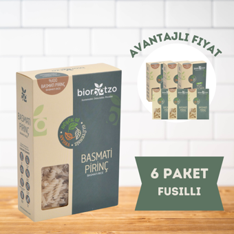 Biorootzo Artizan Bronz Kalıp  Glütensiz Vegan Basmati Pirinç Fusilli 6 Paket x 200 g Avantajlı Paket