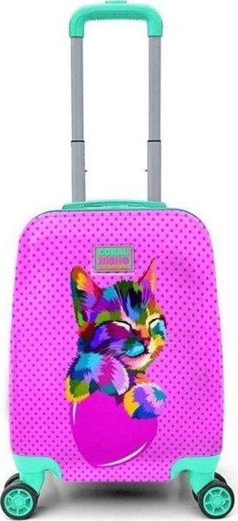 Coral High  Mini Pembe Kedi Desenli Çocuk Valizi 16730