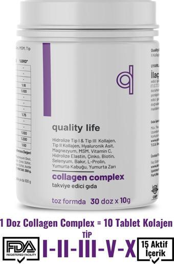 Quality Life Collagen Complex Saf Toz Tip1 Tip2 Tip3 Tip5 Tip10 Hidrolize Kolajen Peptit Collegen Colagen 300 GR