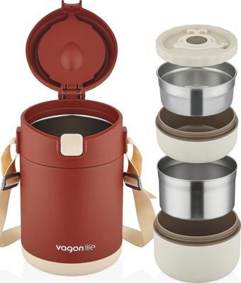 Vagonlife Çelik Yemek Termosu Isı Yalıtımlı 2 Kaseli 1.8LT Sızdırmaz Vakumlu Kap Taşıma Askılı -FF10081