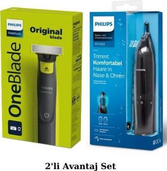 Philips QP2724/10 Oneblade Yüz Şekillendirici, NT1650 Burun/Kulak Kıl, Tüy Temizleme 2'li Avantaj Se