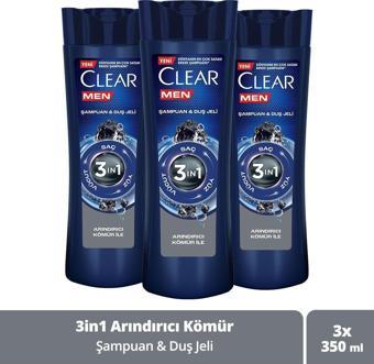 Clear Men 3 In 1 Şampuan & Duş Jeli Arındırıcı Kömür Saç Yüz Vücut Için 350 Ml X3