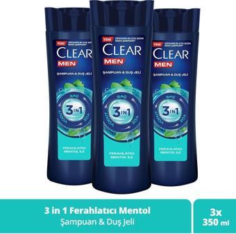 Clear Men 3 In 1 Şampuan & Duş Jeli Ferahlatıcı Mentol Saç Yüz Vücut Için 350 Ml X3