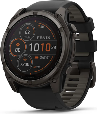 Garmin Fenix 8 – 51 mm Solar Sapphire Karbon gri DLC titanyum ve Siyah/çakıl grisi silikon kayış