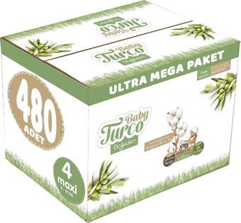 Baby Turco Bebek Bezi Doğadan Beden:4 (8-14Kg) Maxi 480 Adet Ultra Mega Pk