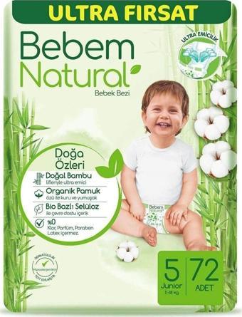 Bebem Natural Natural Bebek Bezi 5 Beden Junior 11-18 Kg 72Li Ultra Fırsat