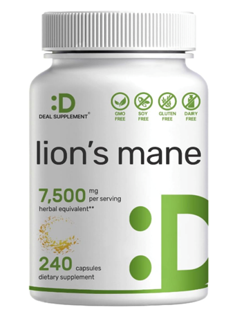 DEAL SUPPLEMENT Lions Mane Mushroom  7,500*mg Per Serving, 240* Capsules – Active Fruiting Body & M