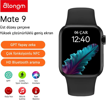 atongm Mate 9 Akıllı Saat 2.2 İnç Sesli Arama, Kalp Atış Hızı, Kandaki Oksijen Seviyesi, Spor Modu