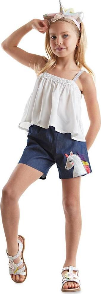 Renkli Püsküllü Unicorn Kız Çocuk Yazlık Bluz Denim Şort Takım