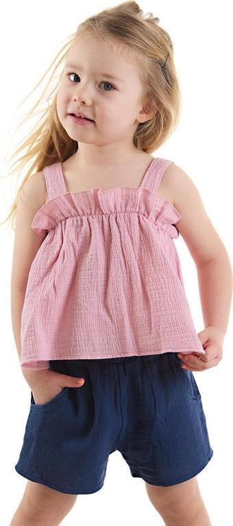 Kız Bebek Çocuk Pembe Yazlık Müslin Askılı Bluz Şort Takım