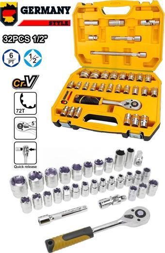 Germany Style 1/2 Lokma Takımı 32 Parça 72 Diş Profesyonel Usta Seti Lokma Seti Chrom Vanadium Çeliğ