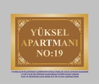 yüksel34 Apartman Kapı İsimliği Aynalı Gold Levhaya Kahverengi Zeminli 19X26Cm Ölçüsünde