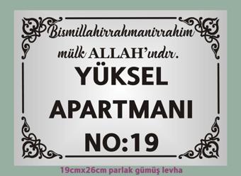 yüksel34 Besmele Yazılı Apartman Kapısı İsimliği 26Cm*19Cm Parlak Gümüş Renk Aliminyum Levha