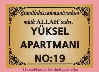 yüksel34 Besmele Yazılı Apartman Kapısı İsimliği 26Cm*19Cm Simli Gold Aliminyum Levha