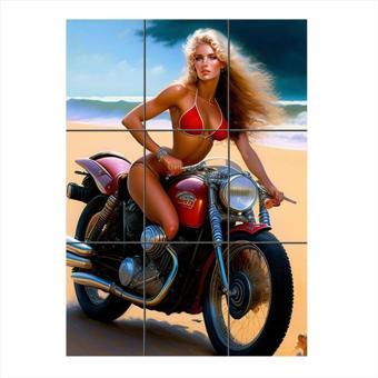 Bedeko Plajda Motosikletli Güzel Kadın 9 Parça Puzzle Tablo