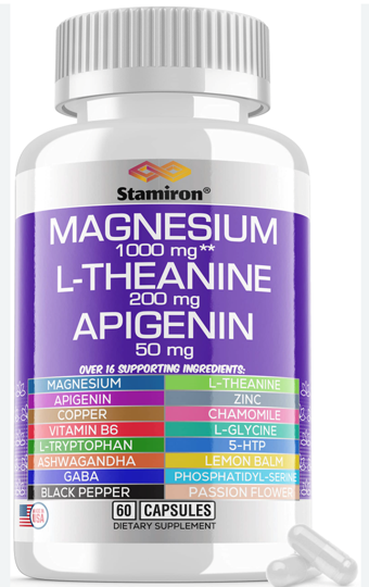 Stamiron Magnesium Complex 1000mg 60 Capsul, L Theanine 200mg Apigenin 50mg Supplement with Chamomi