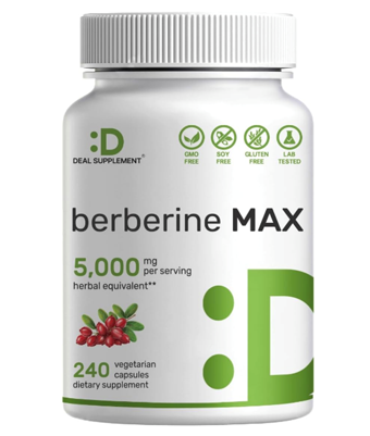 DEAL SUPPLEMENT Berberine Max  5,000mg  240 Veggie Capsul – 97% Pure Berberine HCL – 25:1 Root Ex