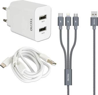 Tecno Apple iPad Mini 2 Wi-Fi+Cellular Tablet Çift UsbA & Type-C, Lightning, Micro Çıkışlı 3in1 Kabl