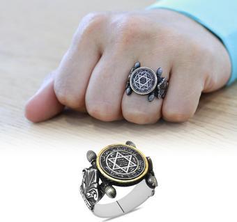 Otantik Tasarım Mühr-i Süleyman İşlemeli 925 Ayar Gümüş Erkek Yüzük