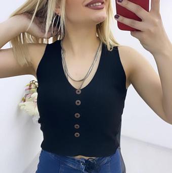 As Collection Siyah Likralı Fit Düğme Detaylı Triko Kadın Crop Bluz