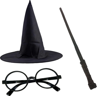 Harry Potter Siyah Şapkası Harry Potter Gözlüğü Harry Potter Asası 3 Lü Set