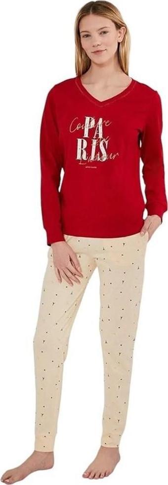 Pierre Cardin V Yaka Uzun Kol %100 Pamuk Bayan Pijama Takım