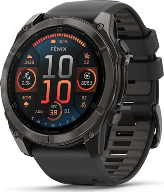 Garmin Fenix 8 – 51mm AMOLED Sapphire Karbon Gri DLC, Siyah/Gri Silikon Kayışlı