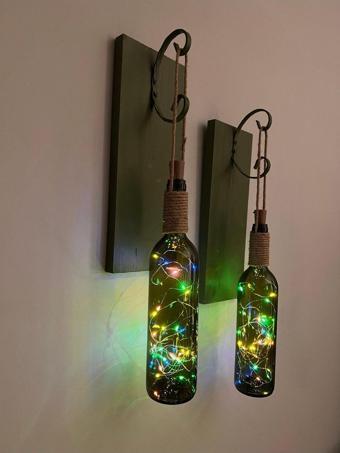 Mes Reves Design Renkli Tıpa Peri Led Işıklı Yeşil Ahşap Retro Yeşil Şarap Şişesi Duvar Aplik 2'Li Set