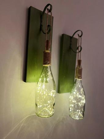 Mes Reves Design Tıpa Peri Led Işıklı Koyu Yeşil Ahşap Cam Şampanya Şişesi Duvar Aplik 2'Li Set