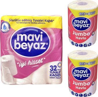 Mavi Beyaz 32 li Tuvalet Kağıdı 2 Katlı + 2 Dev Rulo Jumbo Havlu