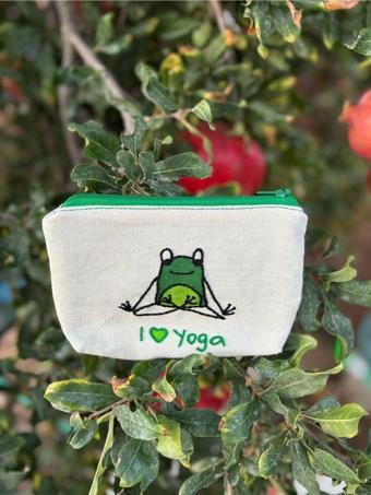 I Love Yoga Kurbağa Temalı El Yapımı Cüzdan/Çok Amaçlı/Hediyelik Çanta