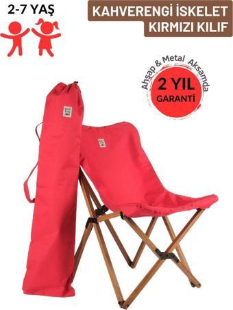 Kids Ahşap Katlanır Kamp & Bahçe Sandalyesi – Kahverengi İskelet - Kırmızı  Kılıf