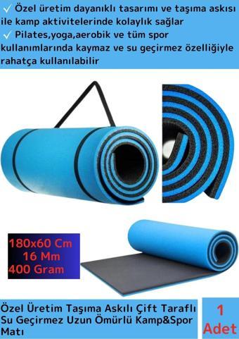 Özel Üretim Taşıma Askılı Çift Taraflı Kaymaz Su Geçirmez Pilates Kamp Fitness Yoga Matı Mavi 16 Mm