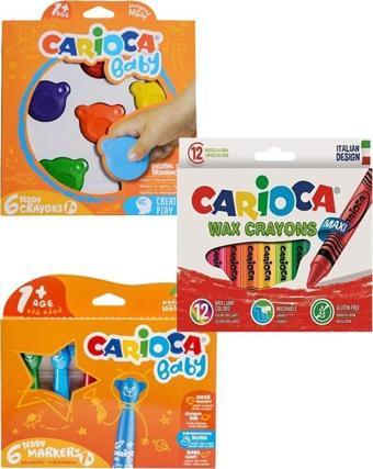 Carioca Teddy Şekilli Mum Boya - Carioca Teddy Keçeli Kalem - Carioca Wax Crayons 3 Adet Boyama Seti