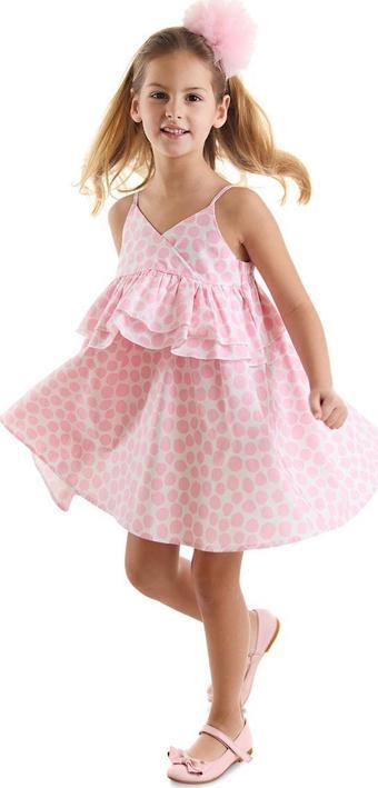 Pembe Puantiye Kız Çocuk Poplin Fırfırlı Askılı Elbise