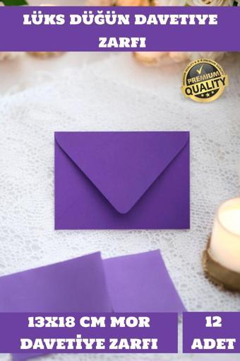 12 Adet 13x18 Cm Mor Zarf Davetiye Lüks Tebrik Kartı Mektup Mühür Cüzdan Büyük Düğün Zarfı