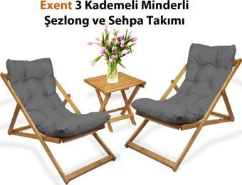 Exent 3 Kademeli Minderli Şezlong ve Sehpa seti-GRİ