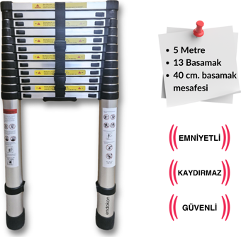 500 cm. - 13  Basamaklı Teleskobik / Teleskopik Merdiven - I Tipi Uzayan Merdiven